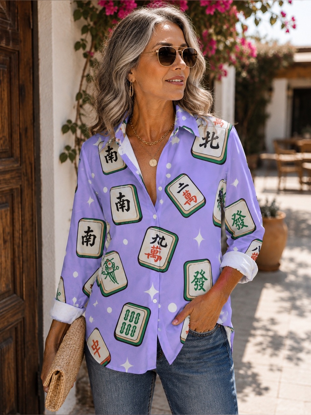 Purple Lavender Mahjong Button Up Shirt Womens Large Long Sleeve Novelty Blouse